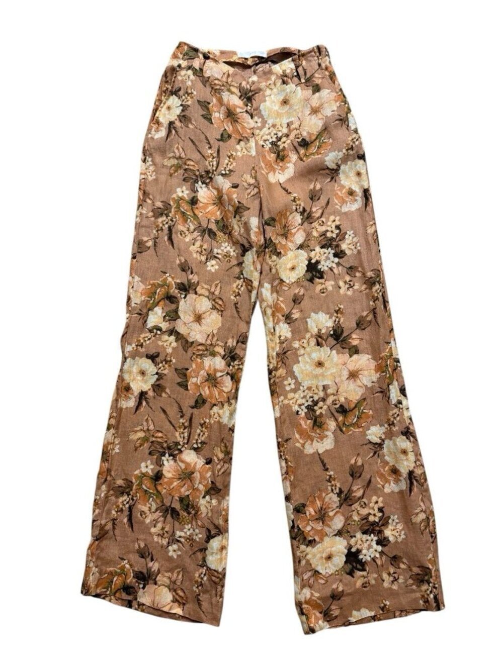 Mango Linen Floral Pants Size 2 Brown Wide Leg High Rise Boho
